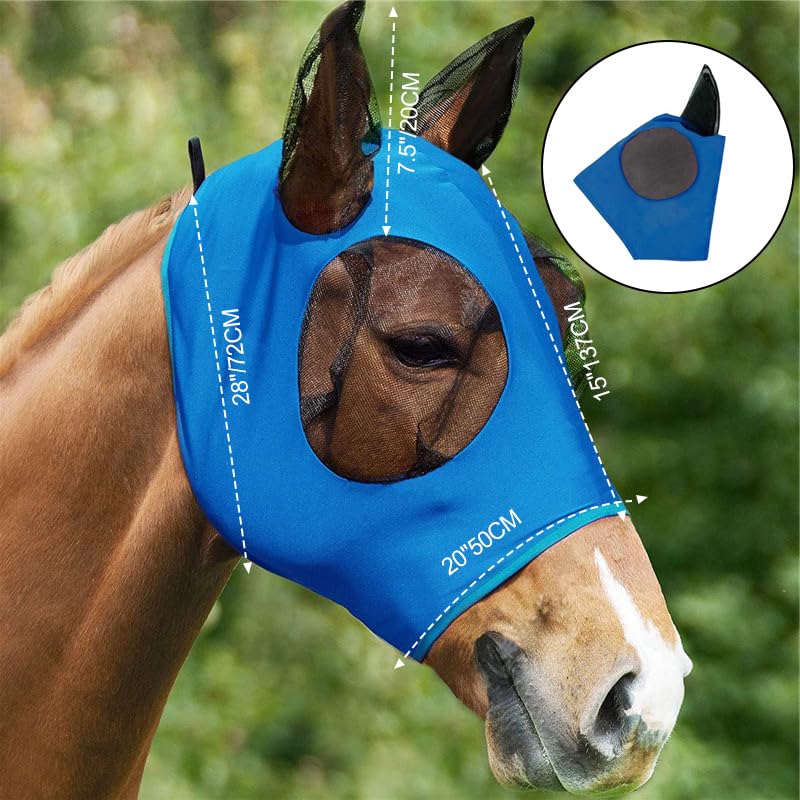 Super Comfort Stretchy Horse Fly Mask 2 Pcs Long Nose with Ears Space with UV Protection Soft on Skin with Breathability (Blue, Black - Full Size)