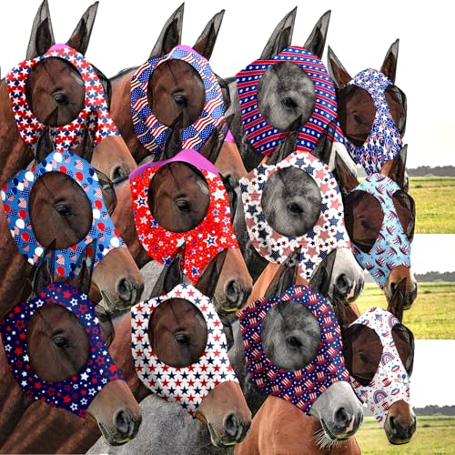 12 Pcs 4th of July Horse Fly Mask with Ears 250th Anniversary Patriotic Fly Mask for Horses Smooth Comfortable Elasticity UV Protection Face Covering for Memorial Day (Medium)