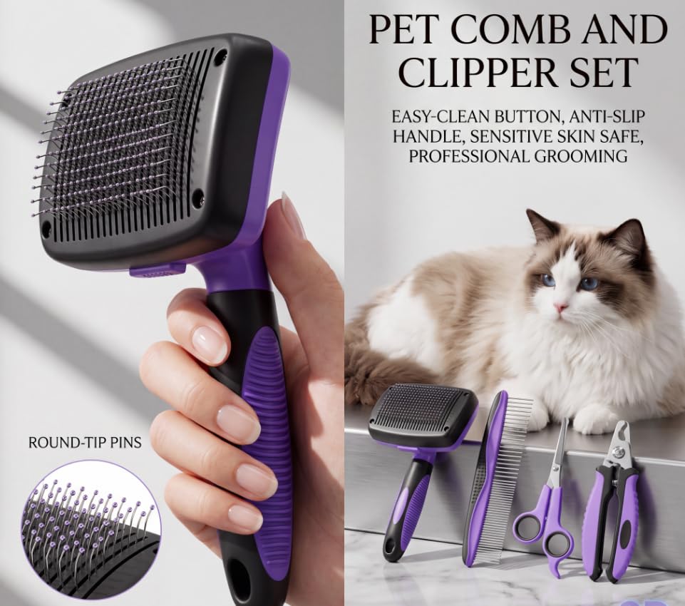 Cat Grooming Kit,Kitten Puppy Pet Dog Grooming Kit,Dog Slicker Brush,9PCS - color: Purple-9