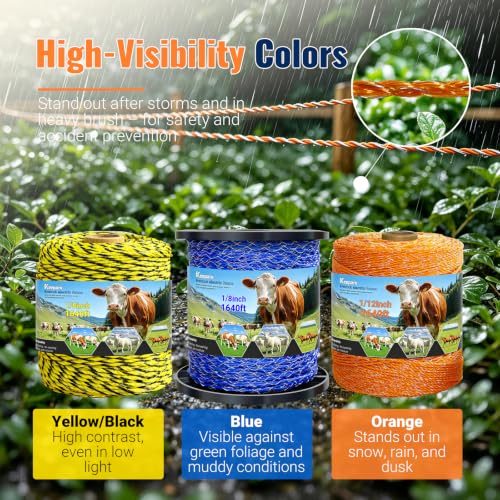 Electric Fence Wire 3366 Feet 1026 Meters Electric Fencing Poly Wire Rope Line with Reliable Conductivity and Rust Resistance, UV Resistant 1/8inch Diameter - Yellow Black - color: Yellow & Black, size: 1/8 x 3366FT