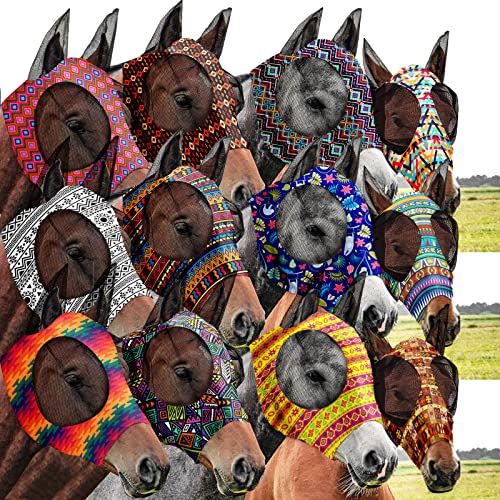 Qualirey 12 Pieces Horse Fly Mask Bulk, Medium, Geometric Patterns - color: Geometric Patterns, size: Medium
