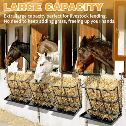 Large Capacity 2-in-1 Hay Feeder with Detachable Grain Tray, Heavy Duty Steel Wall-Mounted Rack for Goat, Sheep, Horse & Rabbit Livestock, Black