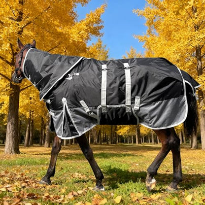 1200D Turnout Horse Blanket with Hood, Medium Weight, Black/Gray, 78IN - color: Black/Gray With Band, size: 78 IN