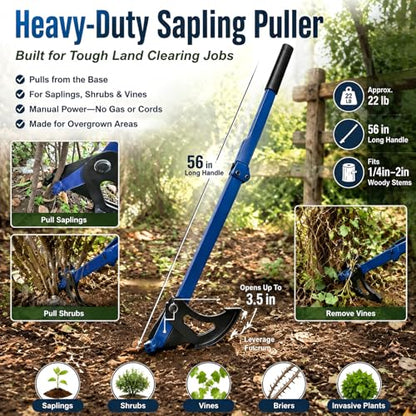 Sapling Puller Tool, 56-Inch Heavy Duty High-Leverage Tree Root Puller for 1/4 to 2 in Woody Stems, Fully Uproots Trees, Shrubs, Vines and Thorns, Invasive Plant Remover for Landscaping
