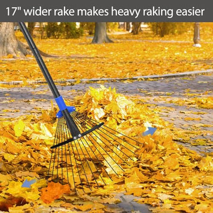 Adjustable Metal Leaf Rake Long Handle, Garden Rakes for Lawns Heavy Duty Leaves with Expandable Head 8-17", Yard Women Kids Rake for Gardening RV Camping