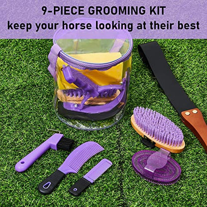 Cunhill 9 Pcs Horse Grooming Kit with Bag Curry Brushes,Cute,Purple - color: Purple, style: Cute