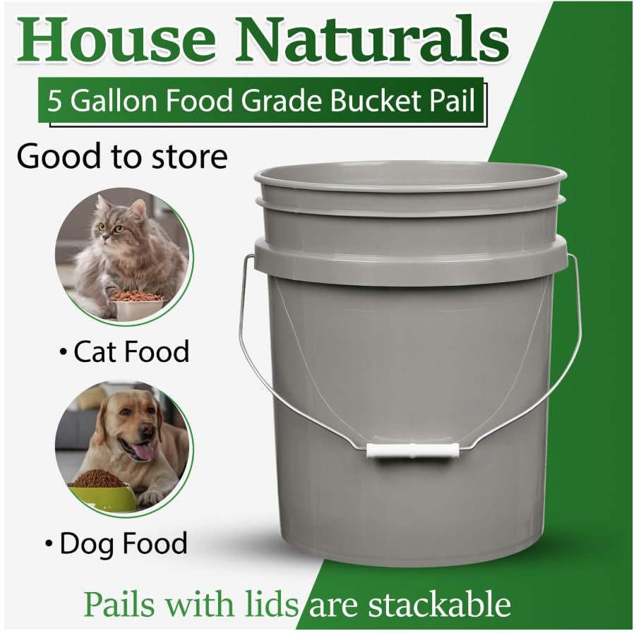 House Naturals 5 Gallon Grey Food Grade Bucket with Black Screw on Lid, BPA Free Container (Pack of 3) Made in USA