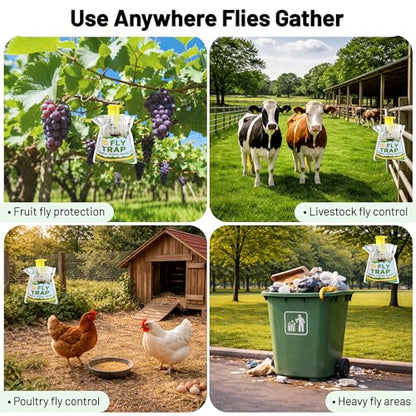 Outdoor Fly Trap Bags, Disposable Hanging Fly Catcher for Yard, Farm, Stable & Trash Areas – Water-Activated Attractant, Catches House Flies & Blow Flies, Non-Toxic Outdoor Fly Control (6 Pack)