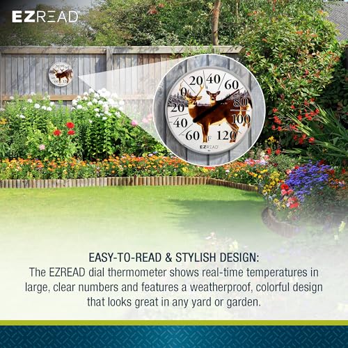 EZREAD Hanging Dial Thermometer 840-1226 Weather Thermometers for Indoor and Outdoor Use, Large 12.5 Inch Diameter, Easy to Read Numbers, Deer - color: Winter Deer
