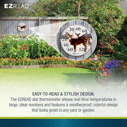 EZREAD Hanging Dial Thermometer 840-1226 Weather Thermometers for Indoor and Outdoor Use, Large 12.5 Inch Diameter, Easy to Read Numbers, Deer - color: Winter Deer
