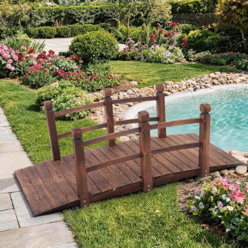 Outvita 5FT Stained Wooden Garden Footbridge with Safety Railings - size: 5ft-carbonated