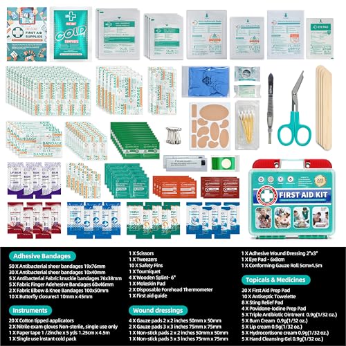 SuccorWare 225 Pieces First Aid Kit, Includes Ice Pack, Adhesive Bandages, Wound Gauze Pads, Portable First Aid Bag for Home, Car, Business, Travel, Outdoor Emergency Medical Kits