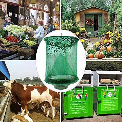Ranch Fly Trap Outdoor Hanging Reusable with Fishing Apparatus | Food Bait Tray Catcher Cage for Indoor or Outdoor Family Farms, Park (6 Pack) - style: 6 pack