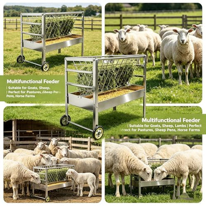 Galvanized Steel Feeder, 2 in 1 Livestock Feeder for Goats Sheep Lambs, Mobile Livestock Feeder with Wheels for Outdoor Farm Use