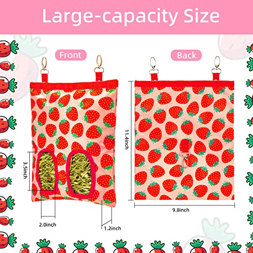 2Packs Large Rabbit Hay Feeder Bag, Upgraded Guinea Pig Hay Feeder with 3 Hooks, Chew Proof Washable Hay Bag for Rabbits Bunny Chinchilla Hamster, Mess Free Grass Holder 2 Holes, 9.8x11.4 Inch - color: Strawberry+Pineapple