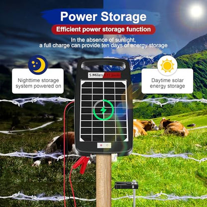 5 Miles Solar Powered Electric Fence Charger, 0.11J Portable for Livestock | 24/7 Day/Night Mode, Portable Solar Panel/AC Dual Power, 10200V Output,Weatherproof, Easy Setup, Deters predators for Gardens - size: 5M 0.11J