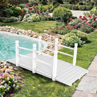 Outvita 5 ft Garden Wooden Bridge Arch Stained Finish with Safety Rails Outdoor Footbridge for Backyard Creek Farm, Decorative Pond Bridge - size: 5ft-white