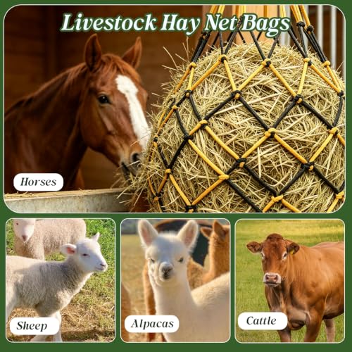 3 Pack Slow Feed Hay Nets for Horses, 25.6×23.6in Hanging Horse Hay Feeder Bags, 2.36×2.36in Mesh Polypropylene Hay Nets with Hooks & Gloves for Goat Sheep Livestock Stable Trailer Pasture