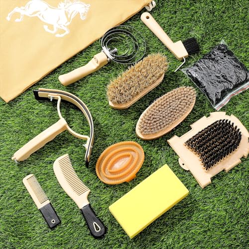 Abbylike 12 Pieces Horse Grooming Kit Equine Care Brushes, Khaki - color: Khaki