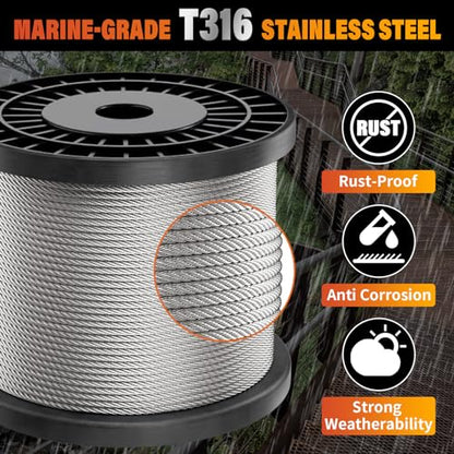 Stainless Steel Cable for Railing - 1000FT 1/8" T316 Wire Rope Cable - size: 1000FT