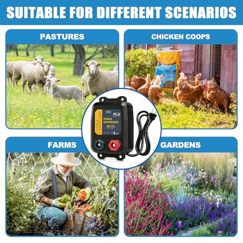 10 Mile Electric Fence Charger, Powerful 110V AC Plug-in 0.16J Output Electric Fence, Portable Solar Fence E-nergizer for Livestock & Garden Protection, for Raccoons, Badgers, Foxes, Rabbits