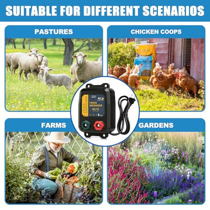 10 Mile Electric Fence Charger, Powerful 110V AC Plug-in 0.16J Output Electric Fence, Portable Solar Fence E-nergizer for Livestock & Garden Protection, for Raccoons, Badgers, Foxes, Rabbits