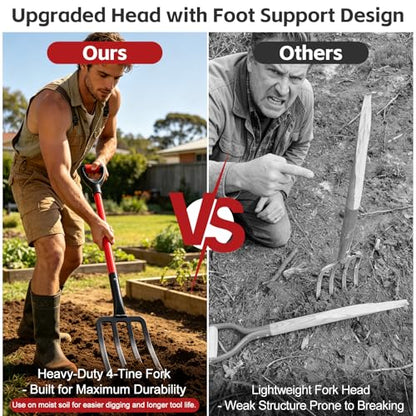 47IN Garden Pitchfork, One-piece Design 4-Tine Garden Fork Heavy Duty Digging Manure Forks for Potato Digging Mulch Spreading Loosening Soil Hay Compost Aeration Transplanting Farm Garden