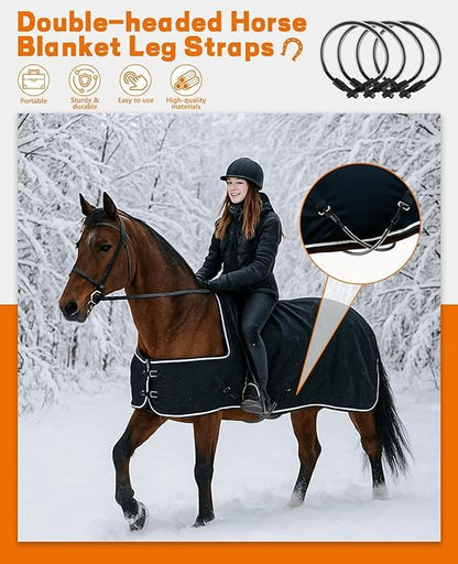 4Pcs Adjustable Elastic Horse Blanket Straps, Stretch Rug Leg Tail Straps w/Double Clips