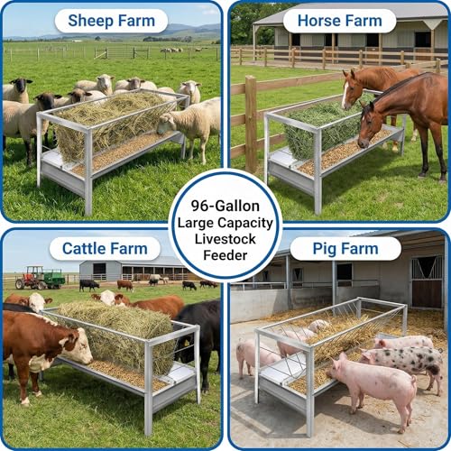 Goat Feeder, 96 Gallon Hay Feeder Goat with Detachable Grain Pan, Heavy Duty Stainless Steel Goat Hay Feeder, Suitable for Goats, Sheep, Horses, Easy Assembly in Farm, Silver Finish