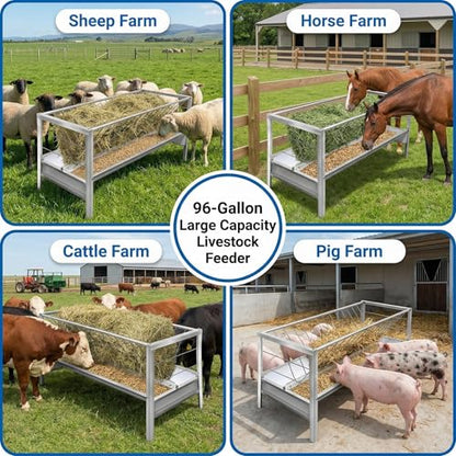 Goat Feeder, 96 Gallon Hay Feeder Goat with Detachable Grain Pan, Heavy Duty Stainless Steel Goat Hay Feeder, Suitable for Goats, Sheep, Horses, Easy Assembly in Farm, Silver Finish