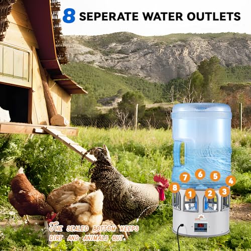 Heated Chicken Waterer 5 Gallon Adjustable Temperature for Winter | Heated Chicken Waterer with 8 Drinking Ports, Temperature Controlling for Ducks, Geese, 9.84ft Cord Length