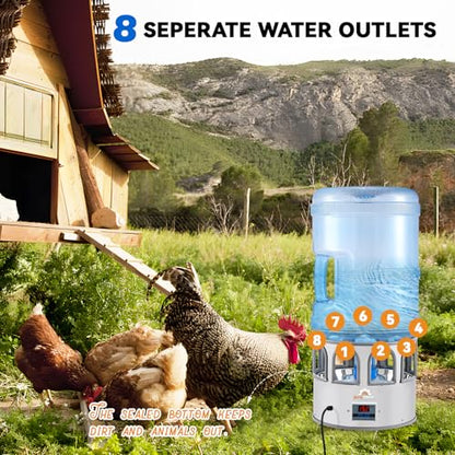 Heated Chicken Waterer 5 Gallon Adjustable Temperature for Winter | Heated Chicken Waterer with 8 Drinking Ports, Temperature Controlling for Ducks, Geese, 9.84ft Cord Length