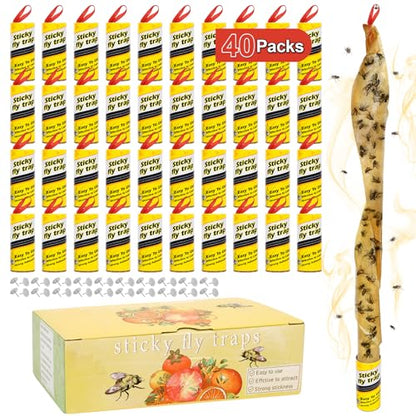 40 Pack Fly Strips Sticky Hanging Fly Trap Outdoor Indoor with Pins