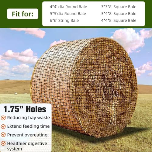 Large Round Bale Hay Net, Slow Feed Knotless Design Hay Net Feeder for Livestocks,Heavy Gauge Large Hay Net for Horses, Cattle, Sheep in Farms and Pastures, 1.75-inch Mesh (5×5ft) - color: 5×5 ft