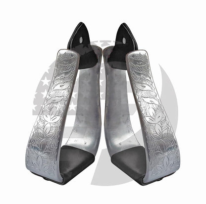Aluminum Engraved 4.75" Adult Western Horse Stirrups with Original Leather