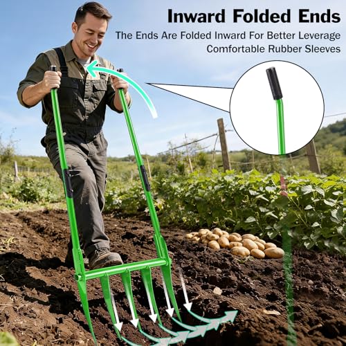 56'' Heavy Duty Broadfork for All the Soils, Detachable Pitchfork, 5 Sharp Cambered 11'' Tines Bord Fork Garden Tool, Ergonomic Handles, Good Package, Easy Assembly, Cultivator & Tiller, Green.
