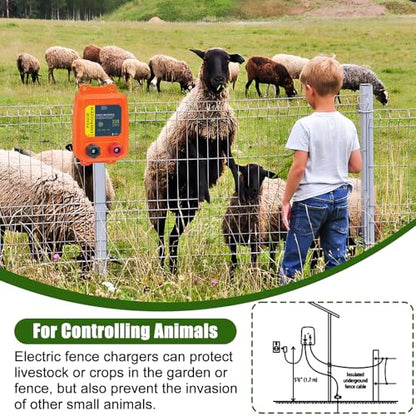 PE2 Electric Fence Charger, 2-Mile/ 8 Acres Electric Fence Charger,0.1 Joule Livestock Fence Chargers for Containing Dogs, Livestock and Preventing Wild Animals Intruding,Orange