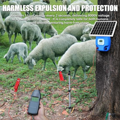 Solar Electric Fence Charger, 1.5 Joules Energizer with LCD Display, 8000 mAh Lithium Battery & 10W Solar Panel - Ideal for Livestock, Pet, Poultry, Gardens, Orchards Protection, 5-Mile Range