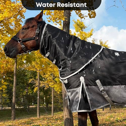 1200D Turnout Horse Blanket with Hood, Medium Weight, Black/Gray, 78IN - color: Black/Gray With Band, size: 78 IN