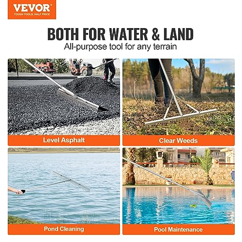 VEVOR Landscape Rake 36" Head Aluminum Landscape Rake 75" Long Handle | For Loosening Soil, Lawn Care, Weeding Lake, Garden, Extended Cleaning Reach, Effortless 3-Step Setup, Durable and Waterproof - size: 75 inch