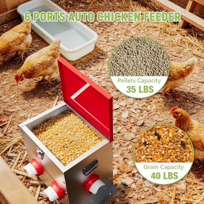 40LB Automatic Chicken Feeder, No-Waste Metal Poultry Feeder with 6 Ports, Predator-Proof Latch & Weatherproof Design, Includes Anti-Tip Ground Stakes & Vegetable Hanging Feeder - size: 40LB-6 Ports