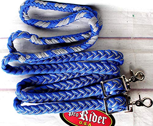 CHALLENGER Roping Knotted Horse Tack Western Barrel Reins Rein Nylon Braided 8 Ft. Black WH 60703 - color: Gray Blue