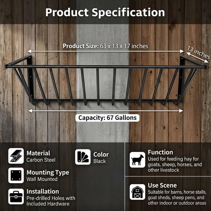 63 Inch Wall Mounted 100 Gallon Hay Feeder for Goats, Heavy Duty Livestock Feeder Large Volume Farm Feed Trough Fits Cows Horses for Farm Use
