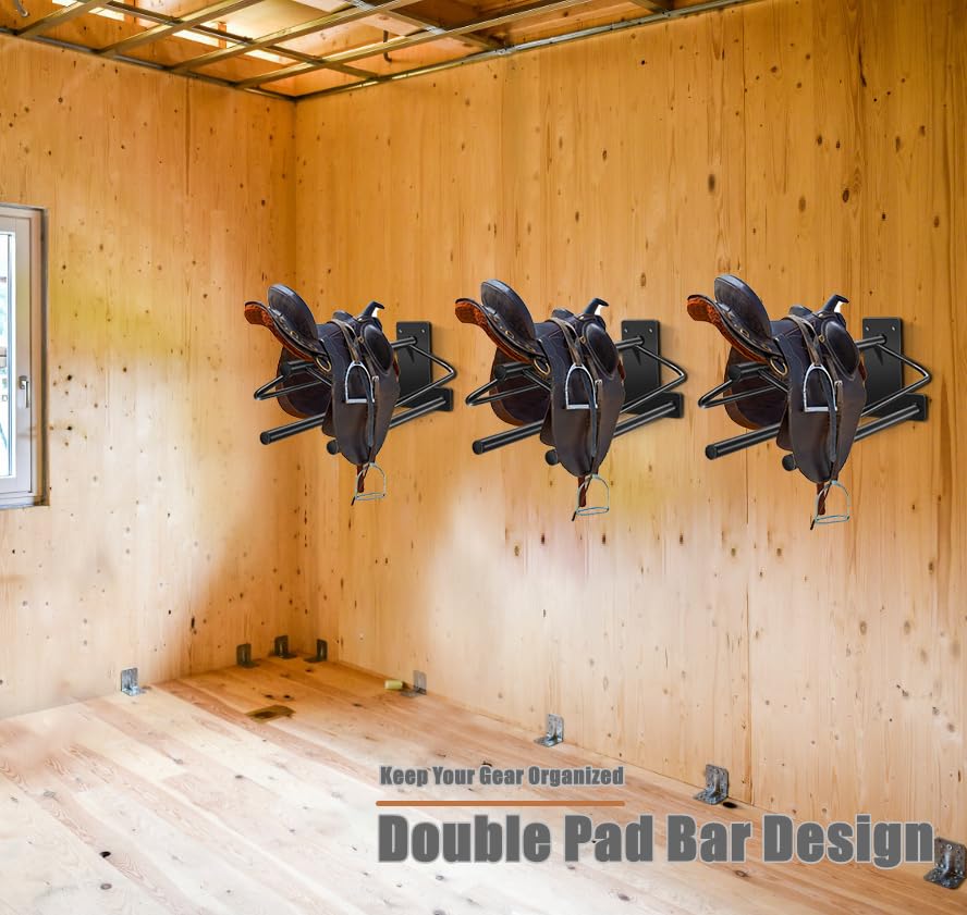 4 Sets Wall Mounted Saddle Rack With Double Pad Bar - Heavy Duty Stand for English and Western Saddles - 23.8x12.6x7.5 Inches - style: Two Bar-4PCS