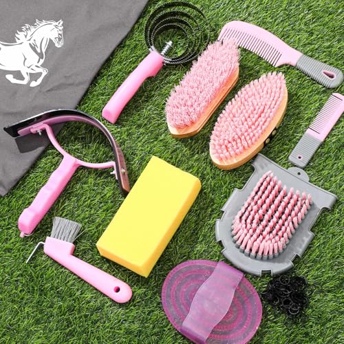 Abbylike 12 Pieces Horse Grooming Kit Equine Care Brushes, Pink and Grey - color: Gray