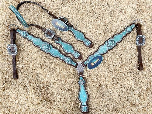 Western Leather Headstall & Breast Collar Set for Horses - Valentine’s Day Silver Metallic Cowhide with Rhinestones - color: Turquoise