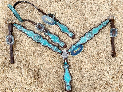 Western Leather Headstall & Breast Collar Set for Horses - Valentine’s Day Silver Metallic Cowhide with Rhinestones - color: Turquoise