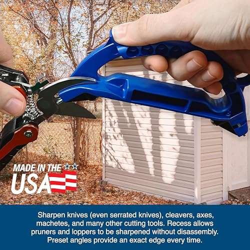AccuSharp All-in-One Sharpener, All Purpose Sharpener for Knives, Scissors, Garden Tools, Sharpens & Restores Serrated Knives, Cleavers, Axes, Machete, Blue - color: Blue