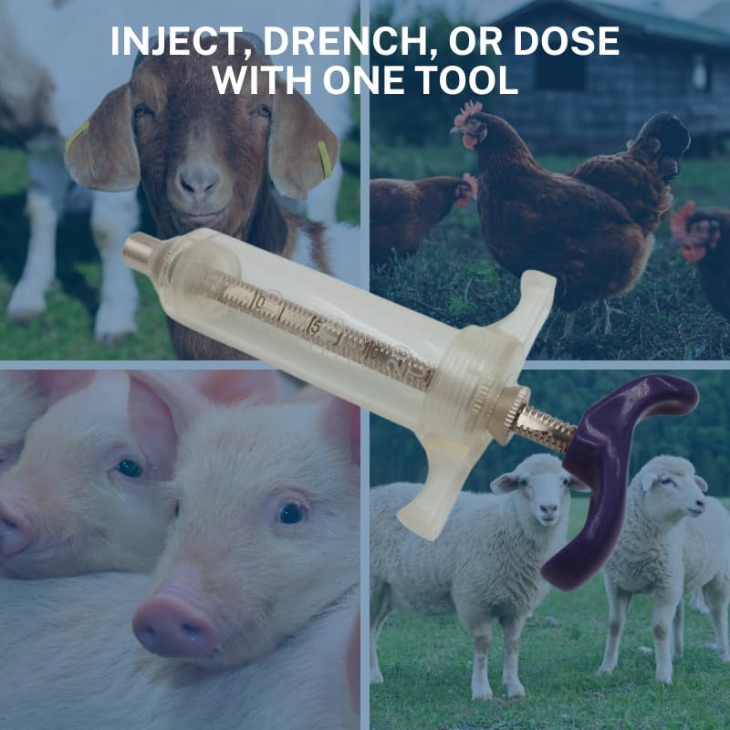 Reusable Veterinary Syringe with Dose Nut (20cc) – Durable Plastic Barrel - size: 20cc