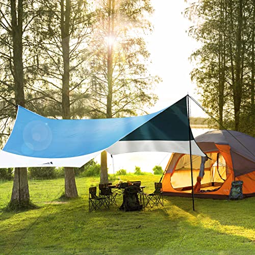 Forceatt 12x14FT Tarp with 2 Poles, Waterproof Anti-UV Camping Tarp Car Awning (UPF50+), Lightweight Sun Shelter for Car, Tent and Hammock in Hiking, Backpacking, Garden and Traveling - color: Light Blue